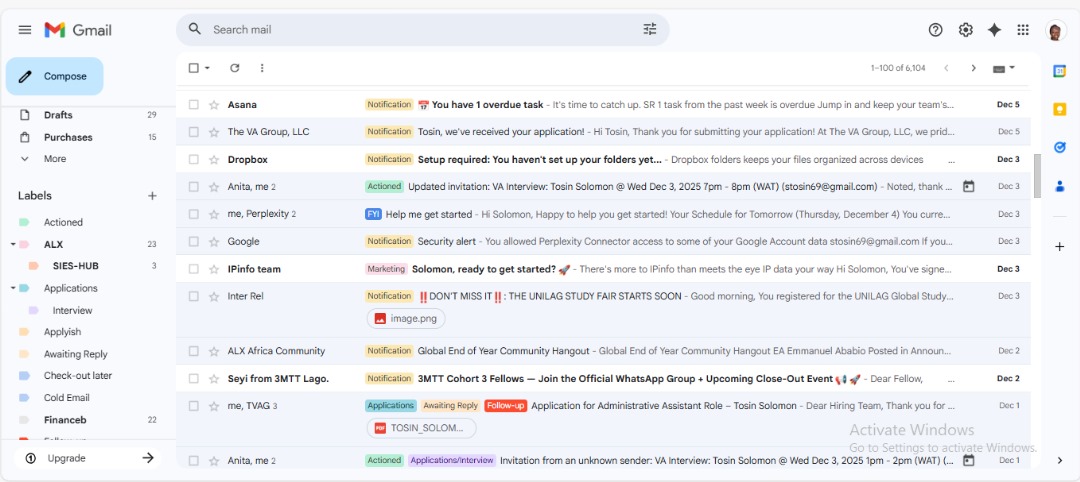Email labels and workflow organization