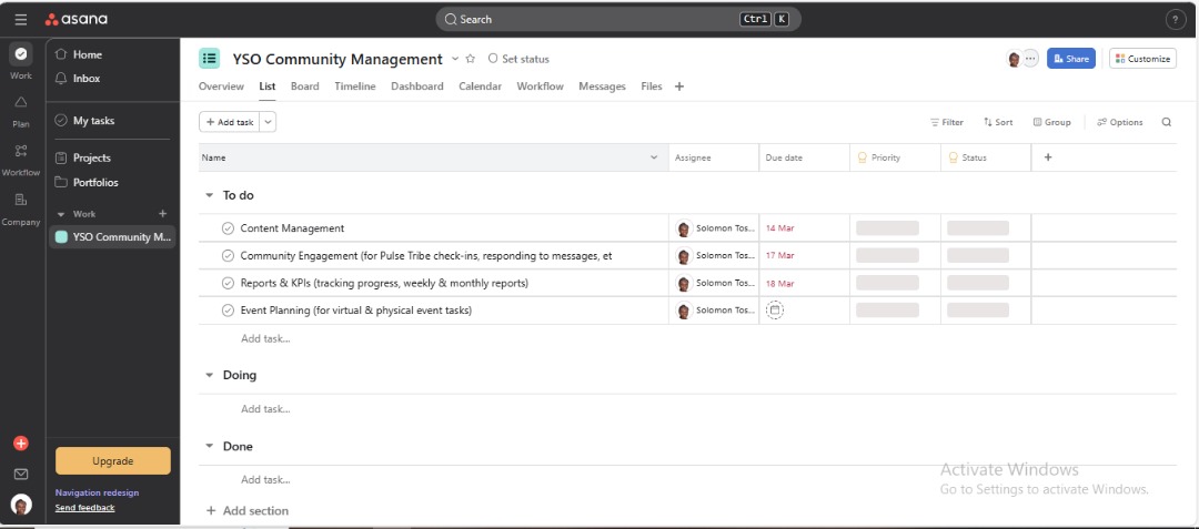 Asana task management board