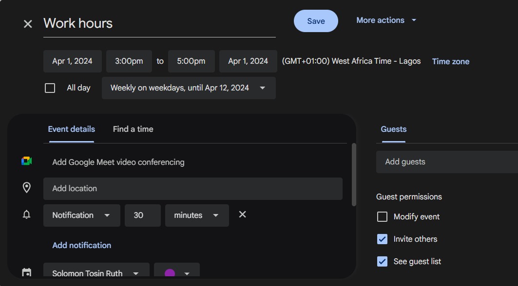 Work hours configuration in Google Calendar